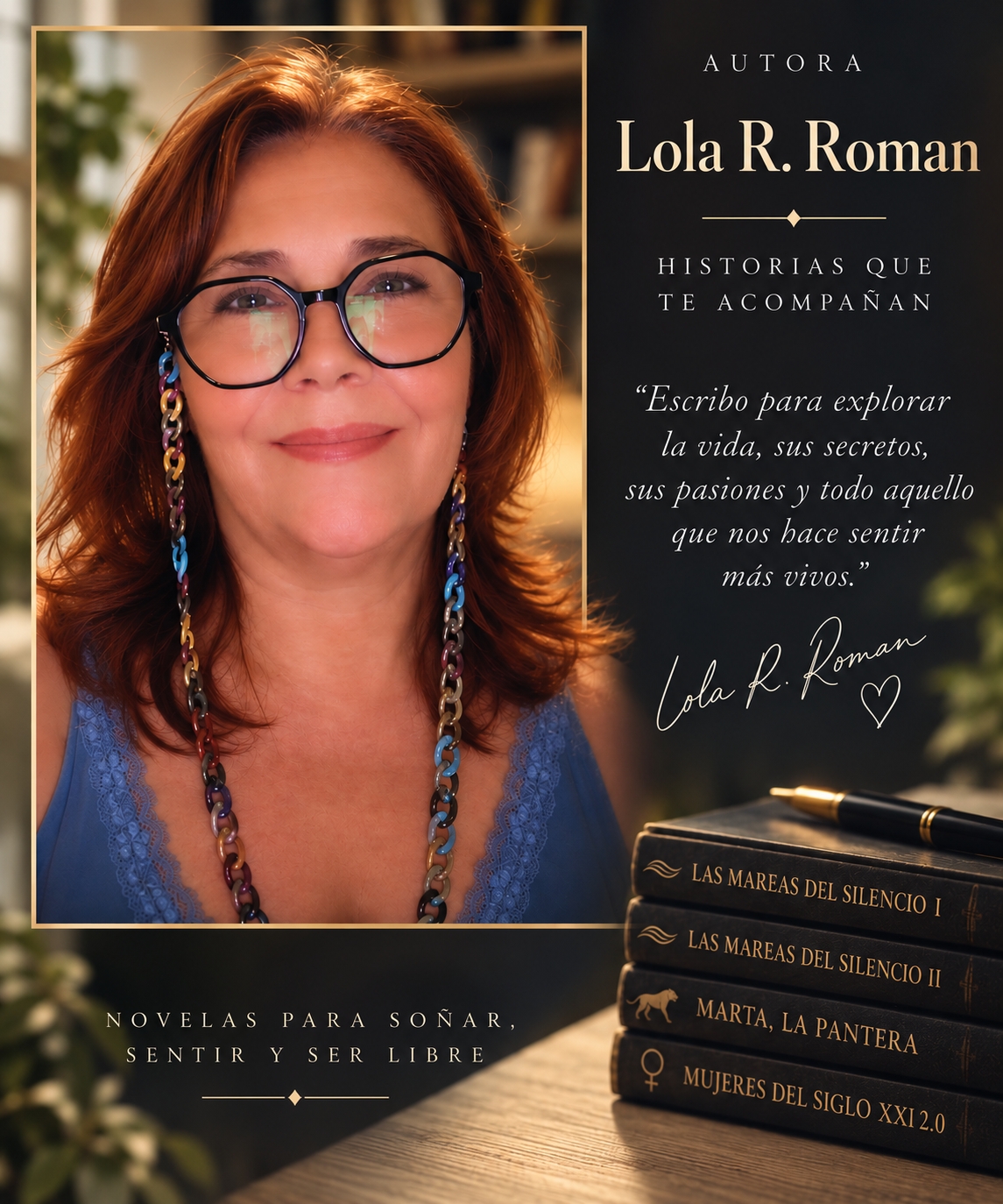 Presentación de la autora Lola R. Roman junto a sus libros